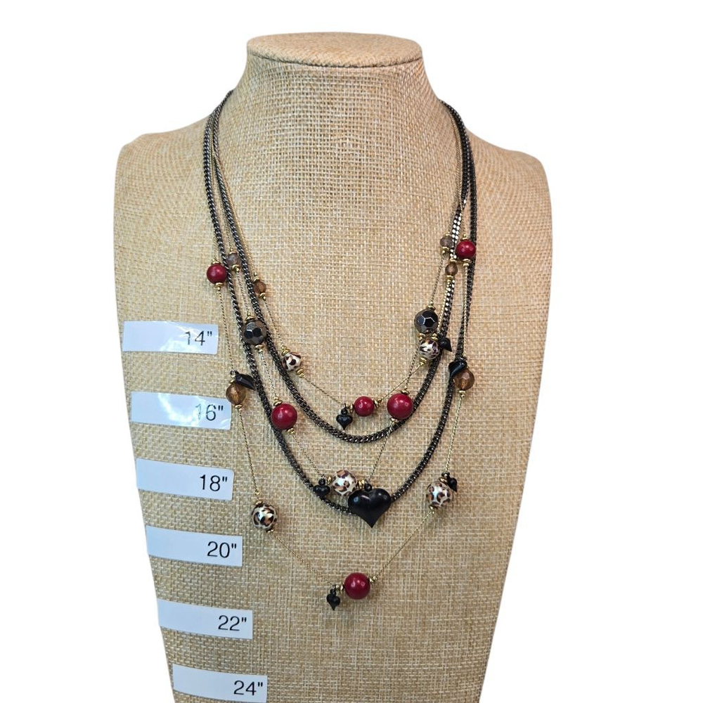 Betsey Johnson Necklace Layered Statement Leopard Print Pearl Hearts Black Red